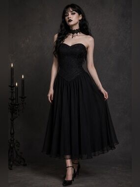 Vintage Lace Chiffon Black Strapless Dress Sz7-8